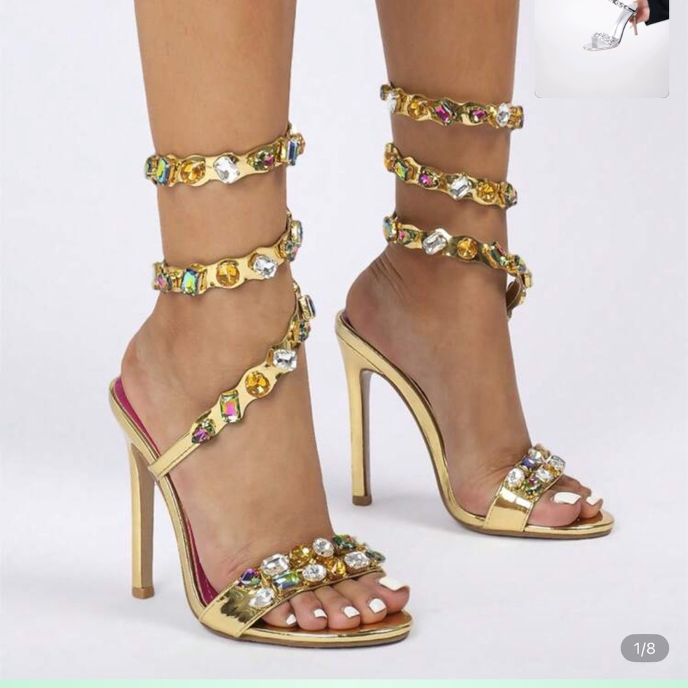 Gold Jeweled Wrap-Ankle Stiletto Sandals for Women